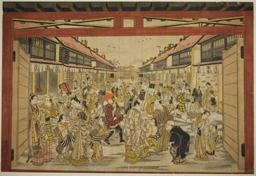 Huvudporten, Nya Yoshiwara, ca 1745 (handkolorerat träsnitt; toku-oban yoko-e, beni-e)