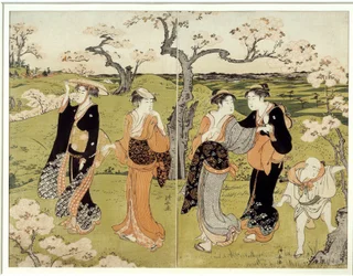 Picknick under körsbärsblommor i Assaakayama. Japanskt tryck av Torii Kiyonaga (1752-1815), Ukiyo-E-stil