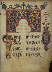 Dekorerad initial med symbol för evangelisten Matthew