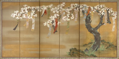 Blommande körsbär och höstlönn med diktlappar, 1654-81
