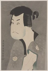 Skådespelaren Sakata Hangoro II som Fujikawa Mizuemon i pjäsen Hanaayama bunroku soga, Miyaki Theatre (färgreproduktion på kartong)