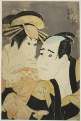 Skådespelarna Ichikawa Tomiemon (R) som Kanisaka Toma och Sanogawa Ichimatsu III (L) som den prostituerade Onayo från Gion