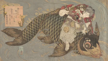 En man som dödar en monsterkarp med ett svärd, ca. 1830.