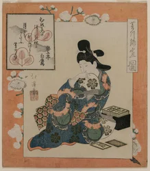 En bild av Hishikawa Moronobu: Kvinna med en uppsättning diktkort