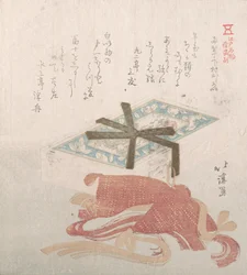 Box med ansiktspulver och hårband, specialiteter från Shimomura i Ryogaecho, 1800-talet.