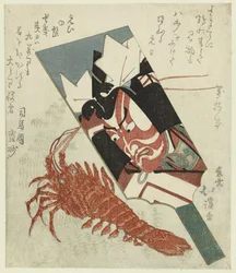 Fladdermus med porträtt av Ichikawa Danjûrô VII och havskräfta