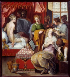 Hyante et Clymene a leur toilette Hyante (Hyanthe) et Clymene, två döttrar till kungen av Kreta som heberge Francus, förälskad i denna hjälte, är upptagna på sin toalett för seduire - Målning av Toussaint Dubreuil (1561-1602) Dim 1, 07x0,96 m