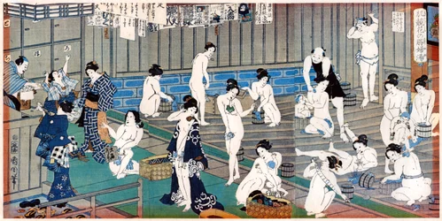 Scen i ett badhus, ett tryck av Toyohara Kunichika, 1800-talet