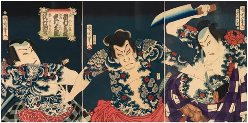 Kabukiskådespelarna (från höger till vänster) Ichimura Kakitsu IV som Asahina Tobei, Nakamura Shikan IV som Washi no Chokichi och Sawamura Tosshi II som Yume no Ichirobei, IV/1868