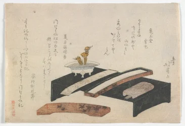Surimono som illustrerar ett skrivbord, Edo-period, ca 1800-10 (trätryck i färg)