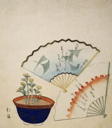 Vas med Adonis och två fläktar dekorerad med dikter av Ichotei Mitsunori och Fudegaki, cirka 1830