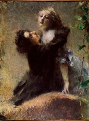 The Ivy Ivy. En man omfamnar en kvinna. Målning av Tranquilo Cremona (1837-1878) 1878 sön 132,5x100 cm Turin, Civic Gallery of Modern and Contemporary Art