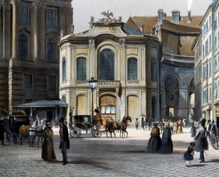 Burgtheater i Wien Michaelerplatz med Winterreitschule (vinterridskola) till höger, av Tranquillo Mollo (1767-1837), färgstick, Österrike