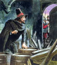 Guy Fawkes, tagen på bar gärning medan han förbereder krutkonspirationen, 1605, cirka 1900