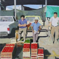 Tre män som säljer tomater (San Juan, Argentina), 2014 (olja på pannå)