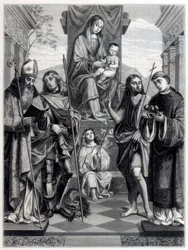 Madonna sittande på en tron omgiven av heliga, c1494-1517 1870