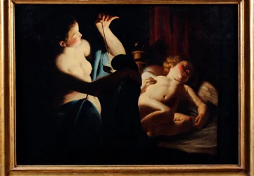 ""Psyche upptäcker Amor"" (Psyche upptäcker Amor) Målning av Trophime (Theophisme) Bigot, dit le maitre a la chandelle (1579-1650) Olja på duk - Pinacoteca Civica, Teramo