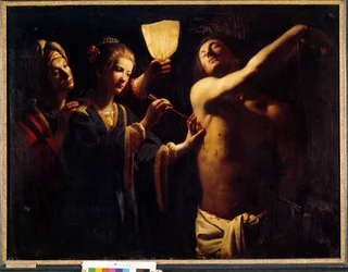 Sankt Sebastian botas efter sitt första martyrskap och vårdas av änkan Irene och hennes tjänarinna. Målning av Trophime Bigot, känd som Le Maître à la Chandelle (1600-talet). 1620-1630. Mått 1,29 x 1,7 m. Bordeaux, Musée des Beaux-Arts