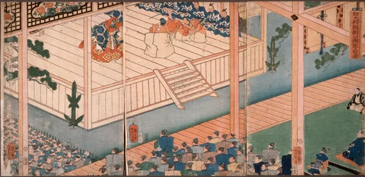 Högergeneralen, lord Yoritomo, inspekterar en särskild nō-föreställning