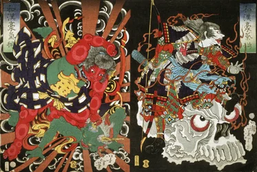 Kintoki övermannar en demon och krigare på skallen, 1868 (träblock i färg)