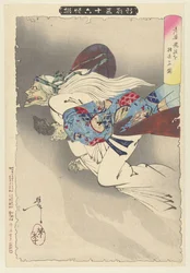 Gammal kvinna flyger iväg med sin avhuggna arm Roba kiwan o mochisaru zu (titel på objekt) Nya framträdanden av 36 spöken Shinkei sanjurokkaisen (serietitel på objekt)