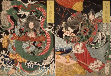 Tawaraya Tda och en drake och Ono no Komachi som ber om regn från serien Valour in China and Japan, 1868 (träsnitt i färg)
