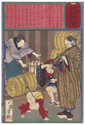 Horisaka Saheis barn bundet vid en risbal