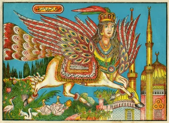 Al-Bourak (Al Bourak) (Buraq, Bouraq, Burak), bevingad häst med kvinnohuvud och påfågelstjärt, på vilken Muhammed, vägledd av ärkeängeln Gabriel, färdades om natten från Mecka till Al-Aqsa. Folklig bildkonst, Tunisien