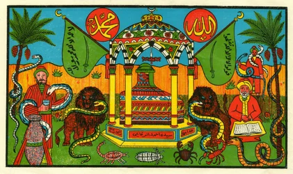 Framställning av Ahmad ar-Rifais grav, grundare av det muslimska Rifaiya-brödraskapet på 1100-talet. Folklig bild, Tunisien
