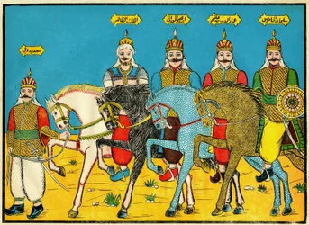 Mameluckerna, legendariska hjältar i Dhaher Bibars historia, på 1200-talet. Folklig bildkonst, Tunisien