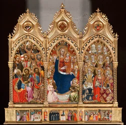 Predella med Saint Bartholomews liv, från Jungfru och barn omgiven av änglar och helgon (olja på panel
