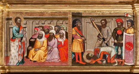 Predella med den helige Bartolomeus liv, halshuggen i Armenien, detalj från Jungfru och barn omgiven av änglar och helgon (olja på panel