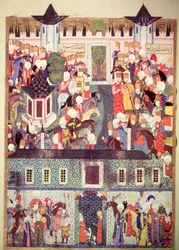 H 1517, fol. 17v, Süleyman den stores (1494-1566) tronbestigning, ur Arifis "Suleymanname", 1558
