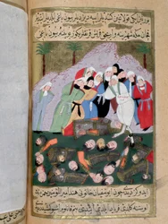 Hind, hustru till Abu Sufyan ibn Harb, Muhammeds fiende, och andra qurayshitiska kvinnor förbereder sig för att stympa kropparna av muslimer som dog i slaget vid Uhud (Ohod) och sluka levern från Hanza, profeten Muhammeds farbror (Muhammet, Mohammed eller