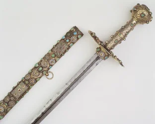 Svärdsfäste med skida (silver, stål och ädelstenar)