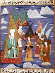 Profeten Muhammad (Mohammed eller Muhammad) (570-632) (ansiktet täckt) under sin nattliga resa i en persisk miniatyr från 1700-talet. Topkapimuseet, Istanbul, Turkiet