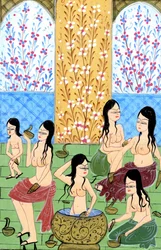 Visa inuti en Hamam för kvinnor (akvarell och guldpulver på papper)