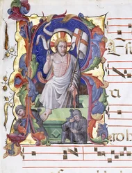 Mycket stort historiskt brev "A", som visar uppståndelsen, ca 1400-1450