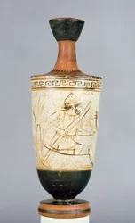 Attic white-ground lekythos dekorerad med Charon, underjordens färjeman som tar emot själen av en död person, från Aten, c.475-425 f.Kr. (keramik)
