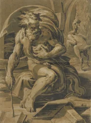 Diogenes, sittande framför sin tunna, läser ur en bok, en plockad höna som står beh..., ca. 1527-30.
