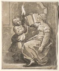 Sibyllläsning med ett barn som håller en fackla, 1518-27.