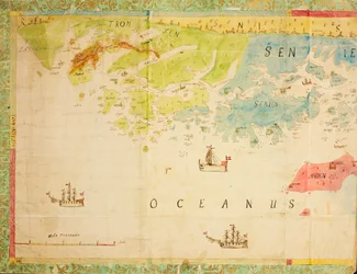 Handritad karta från Norges nationalbiblioteks kartsamling som visar Trøndelag, Nordland, Troms, kusten och sjökortsuppgifter