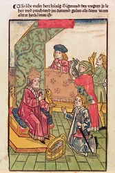 Kejsar Sigismund (1367-1437) av Luxemburg tar emot hyllningar från sina ungerska undersåtar, 1483, (färgat träsnitt) (se även 316982)