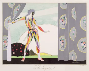 Arlequin, från "Masks and Characters of Italian Theatre"-upplagan av Le Journal des Dames et des Modes, graverad av Henri Reidel (fl. 1914-20) 1914 (färg litho)