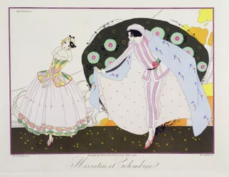 Mezzetin och Colombine, från "Masks and Characters of Italian Theatre"-upplagan av Le Journal des Dames et des Modes, graverad av Henri Reidel (fl. 1914-20) 1914 (färg litho)