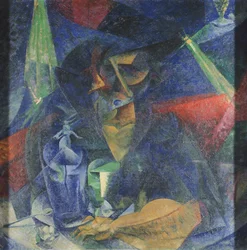 Nedbrytning av kvinnas figur vid bordet av Umberto Boccioni (1882-1916), olja på duk, 86x86 cm, cirka 1912