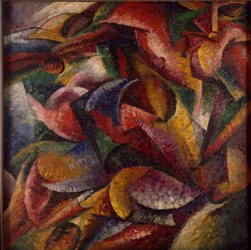 Futurism: ”En människokropps dynamik” (Dinamismo di un corpo umano). Målning av Umberto Boccioni (1882-1916), 1913. Mått: 1 x 1 m. Milano, Museo del Novecento