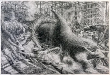 Futurism: "" La citta che dirty"" (Den stigande staden). Teckning på kartong av Umberto Boccioni (1882-1916)