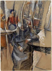 Interiör med två kvinnofigurer par Boccioni, Umberto (1882-1916). Akvarell och tempera på papper, storlek: 65,4x47,5