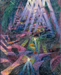The forces of a road - Forces of a road av Boccioni, Umberto (1882-1916). Olja på duk, storlek: 99,5x80,5